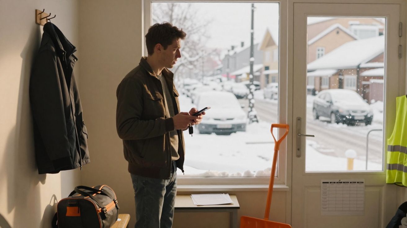 Homem com casaco olhando celular dentro de casa com janela mostrando rua coberta de neve.