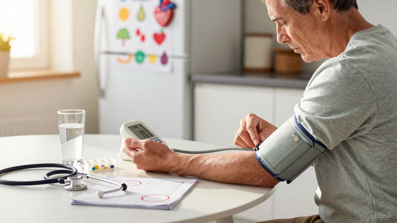 Homem medindo a pressão arterial com aparelho digital sentado à mesa em ambiente doméstico.