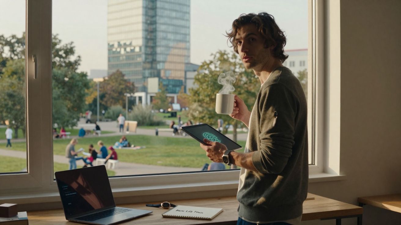 Homem segurando xícara fumegante e tablet, olhando pela janela para o parque movimentado.
