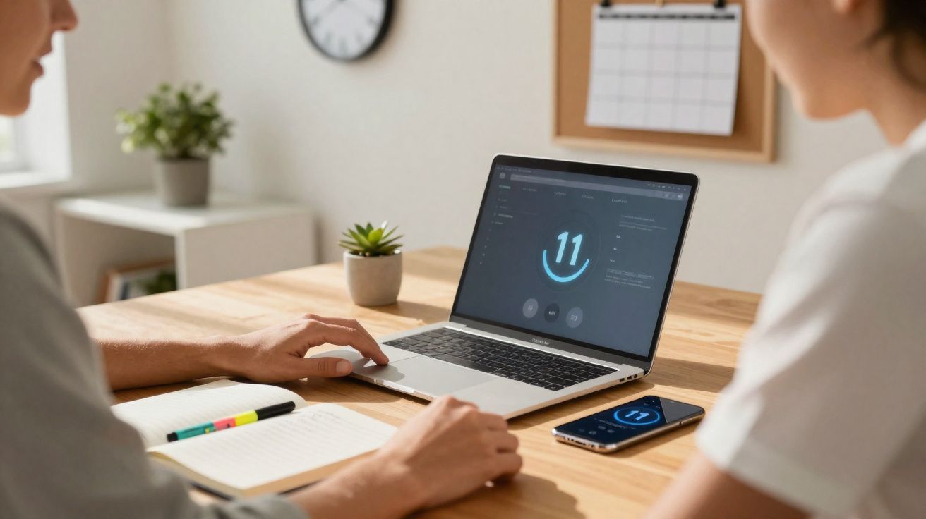 Duas pessoas em uma reunião com laptop e celular exibindo número 11 em mesa de madeira clara.