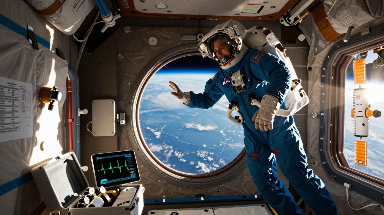 Astronauta em traje azul olhando pela janela da estação espacial com a Terra ao fundo.