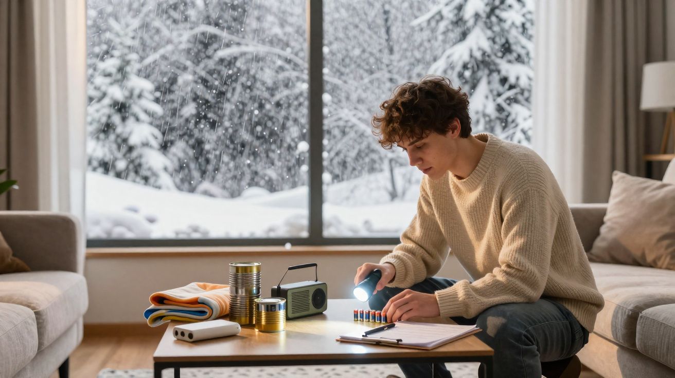 Jovem com suéter bege preparando suprimentos de emergência na sala durante nevasca vista pela janela.