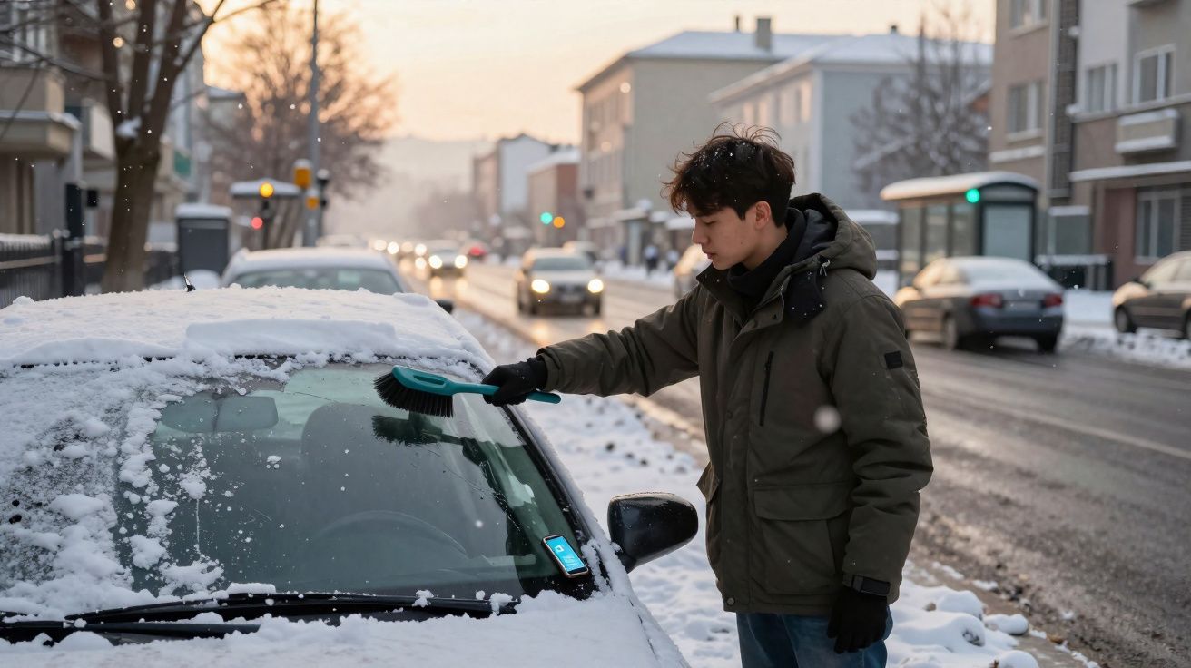 Jovem com jaqueta verde limpa neve do para-brisa de um carro estacionado em rua nevada ao entardecer.
