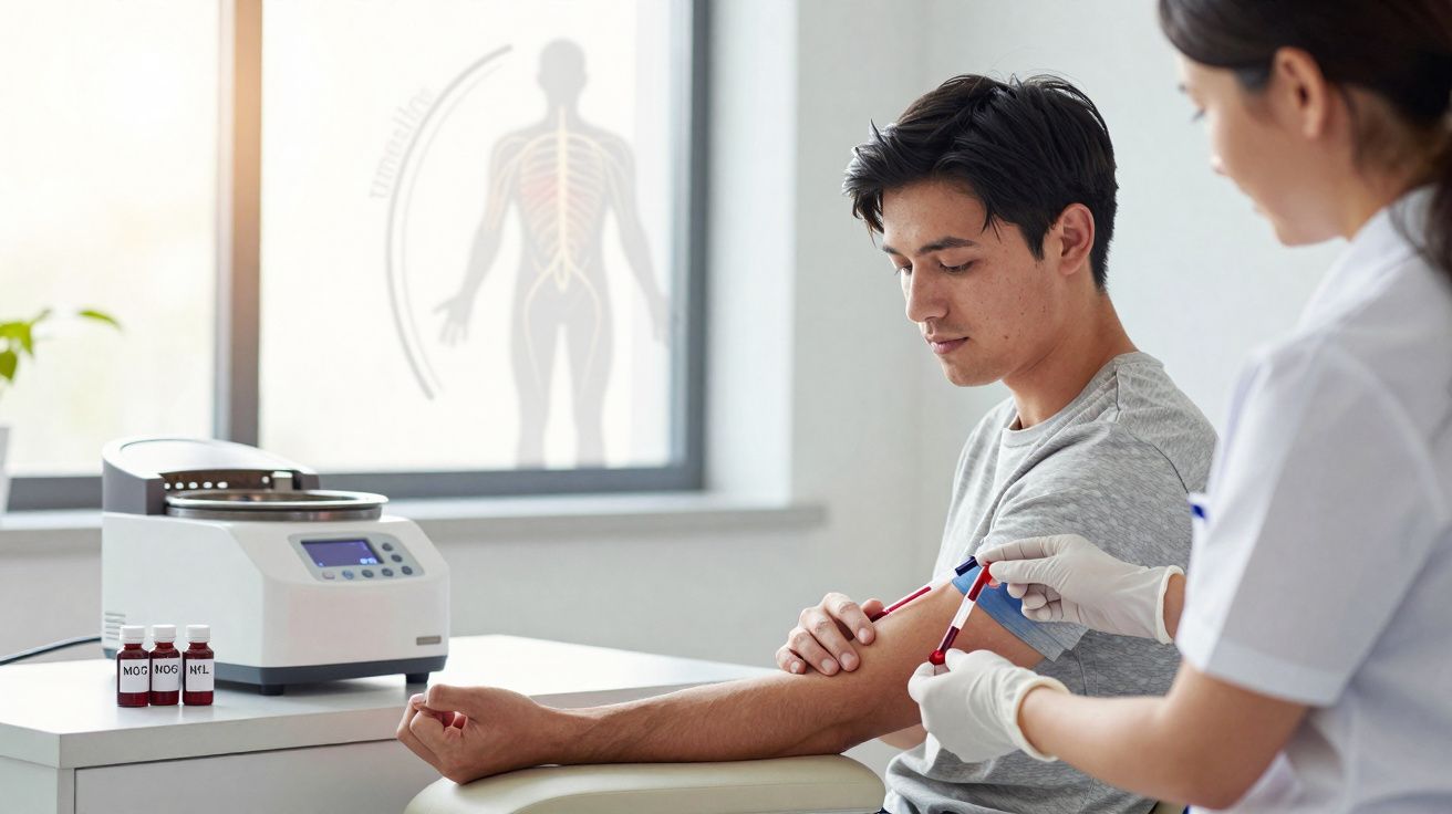 Mulher profissional de saúde colhendo sangue do braço de jovem sentado em clínica médica.