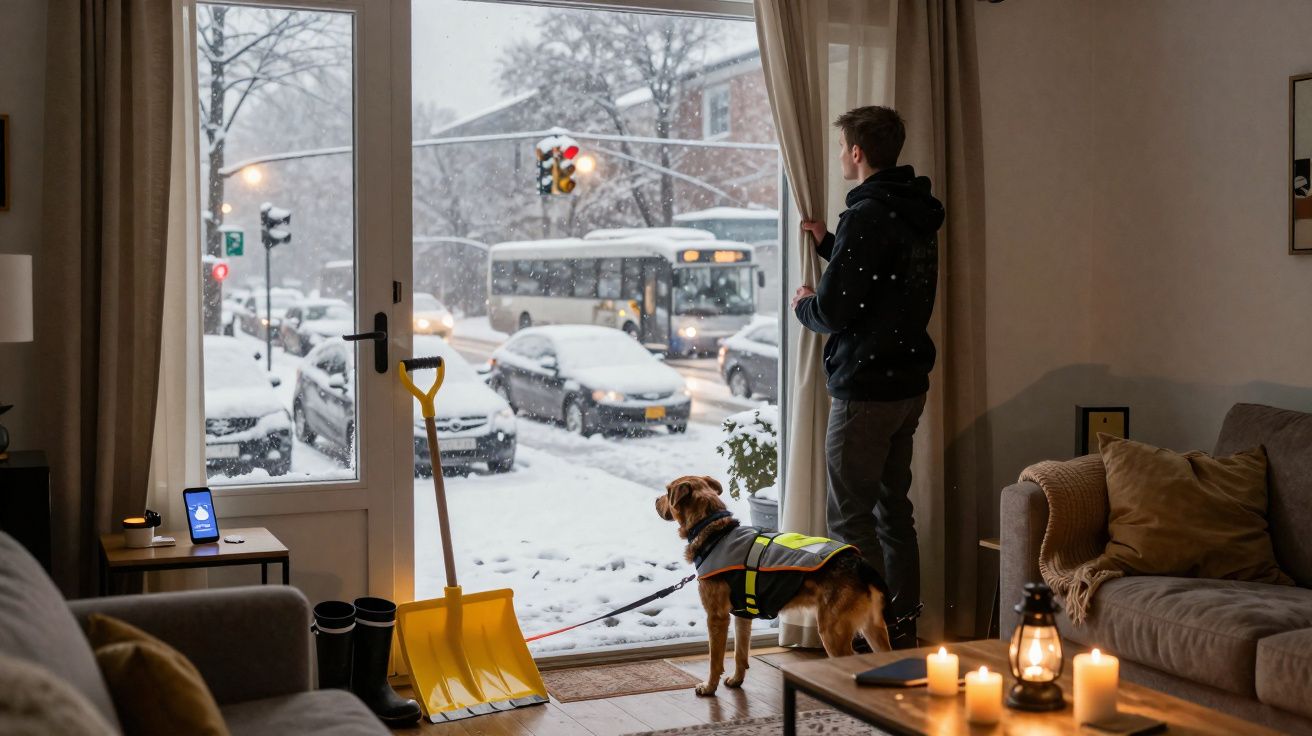 Homem e cão com colete refletem olhando pela janela a rua coberta de neve e trânsito parado.