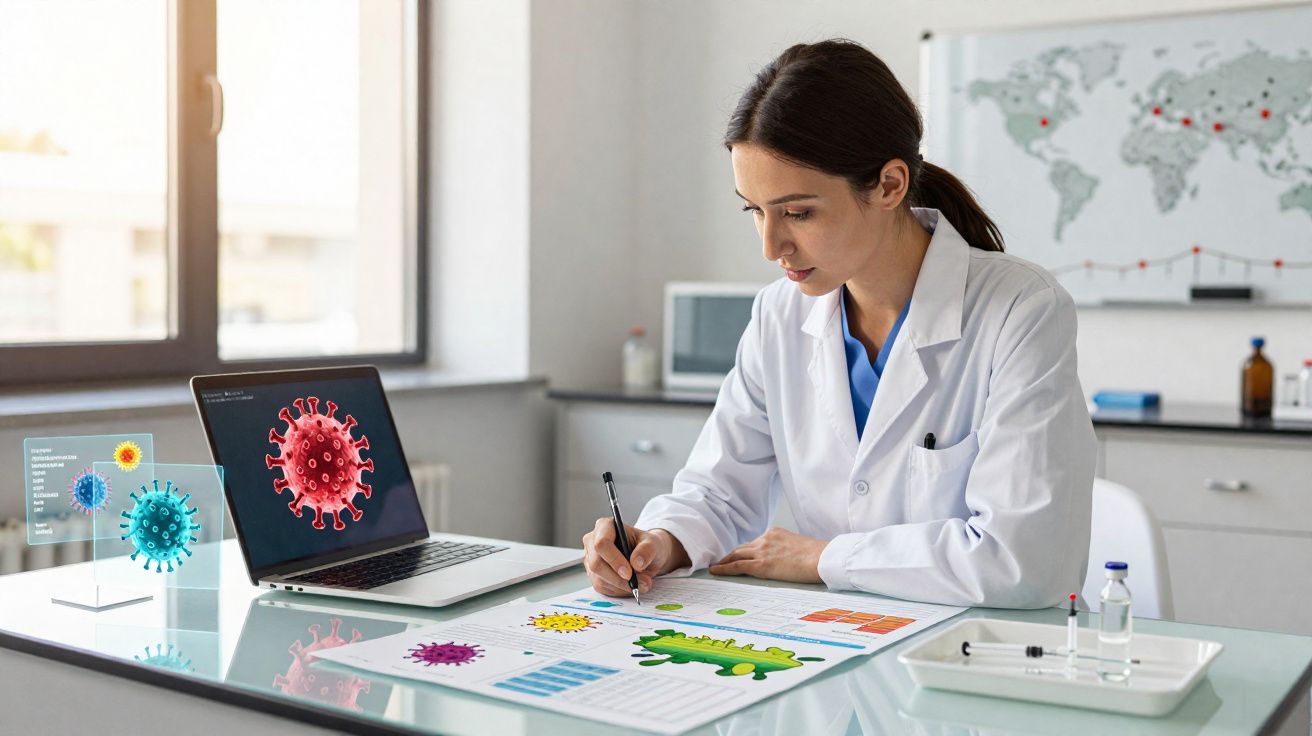 Cientista analisando gráficos de vírus em papel e computador em laboratório moderno com mapa mundi ao fundo.