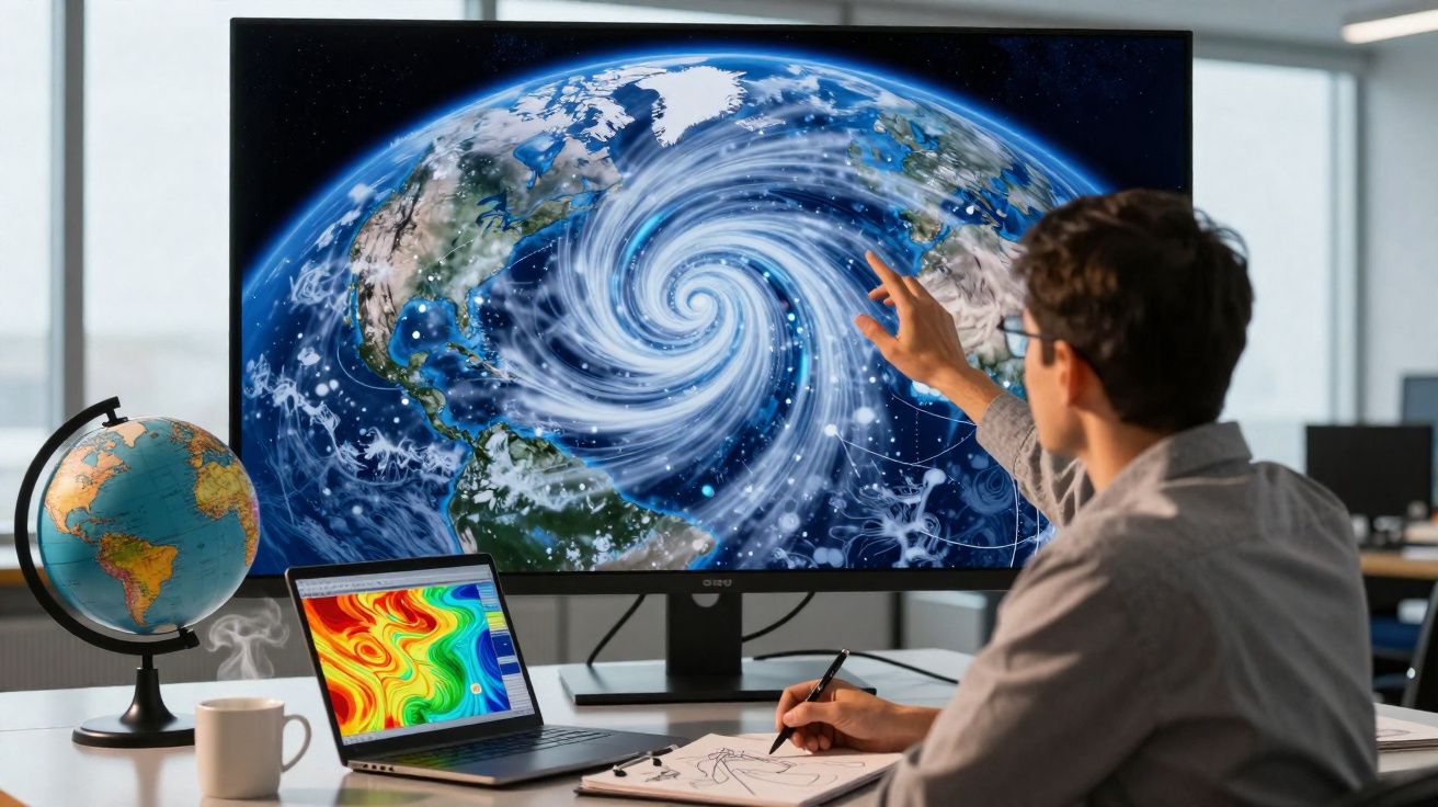 Homem analisa imagem de furacão na tela de computador em escritório moderno, com globo terrestre e laptop ao lado.