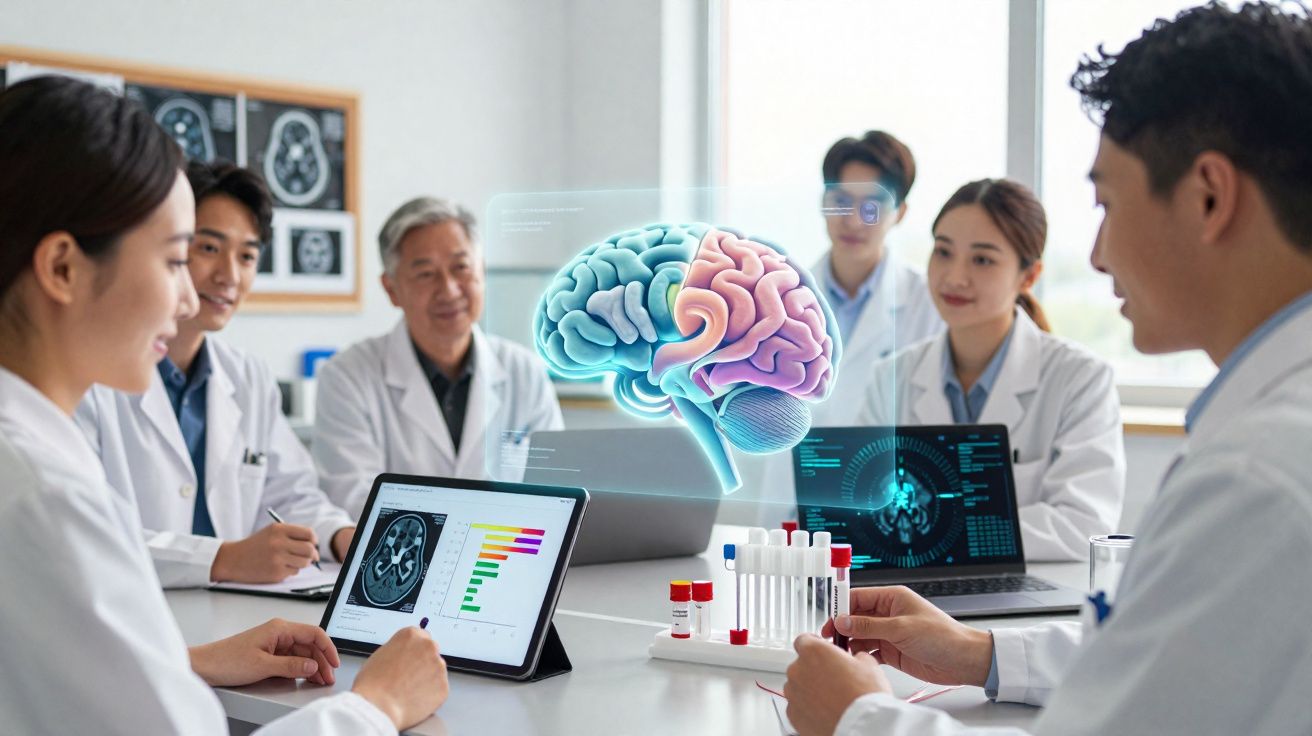 Equipe médica em laboratório discutindo análise de cérebro com exames e gráficos em dispositivos digitais.