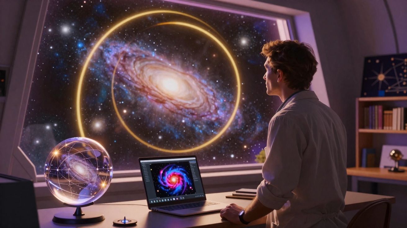 Jovem observa galáxia brilhante através de janela espacial, com laptop e globo estelar na mesa.