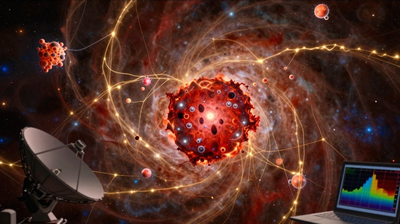 Ilustração de uma tempestade cósmica com satélites, planeta vermelho e gráficos em um laptop.