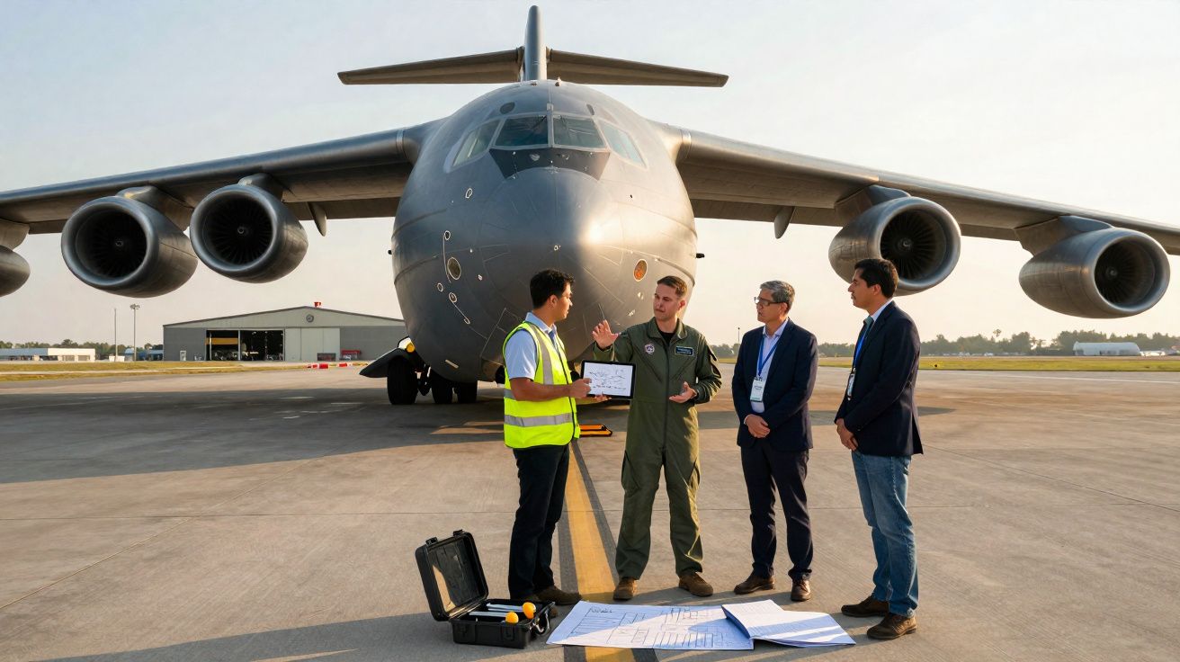 Quatro homens conversam em frente a um grande avião militar estacionado em pista de aeroporto.