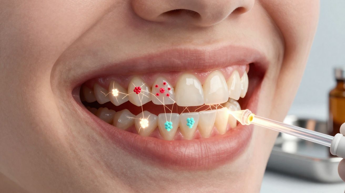 Sorriso aberto sendo tratado com aplicação de substância em gotas para remoção de bactérias nos dentes.