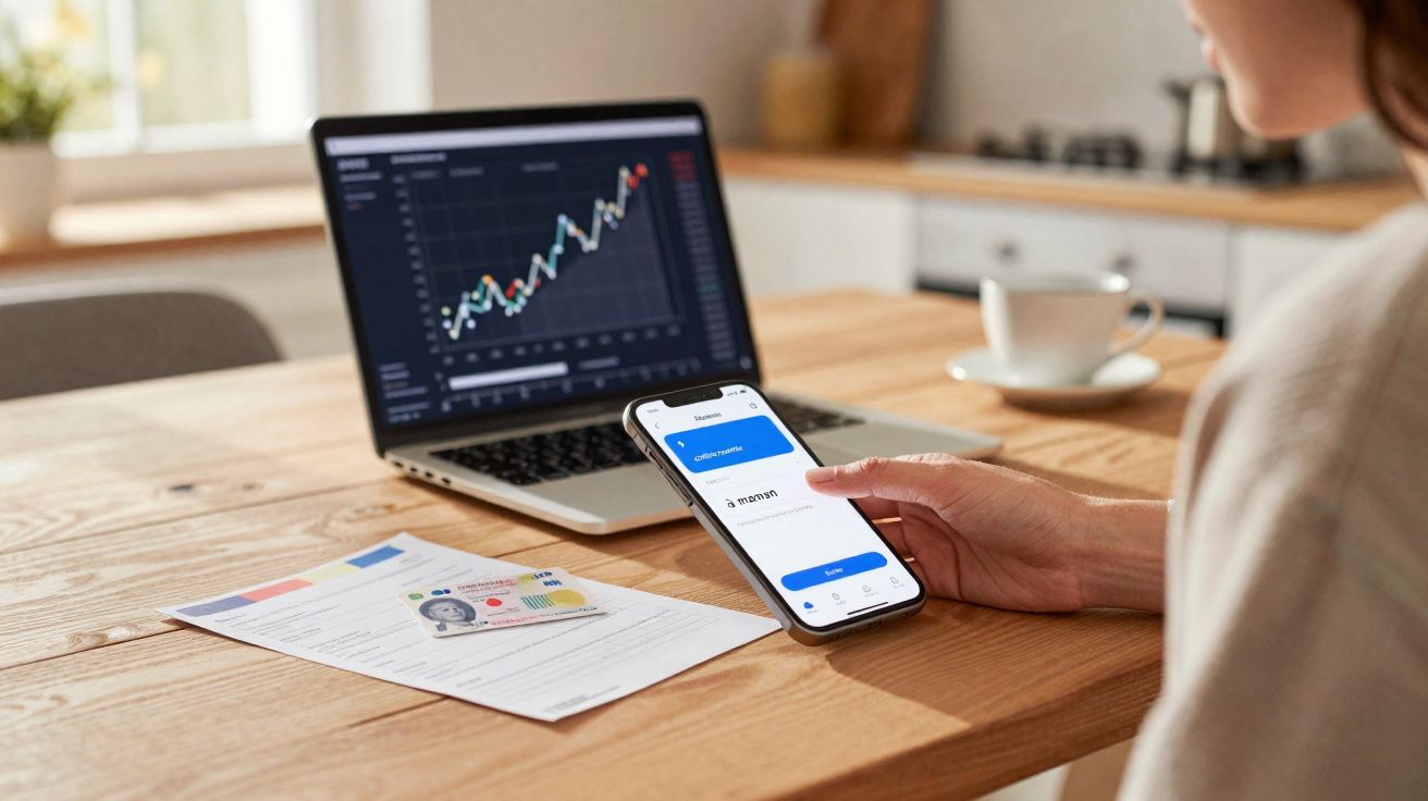 Pessoa usando celular com aplicativo financeiro, laptop exibindo gráfico e documentos sobre mesa de madeira.