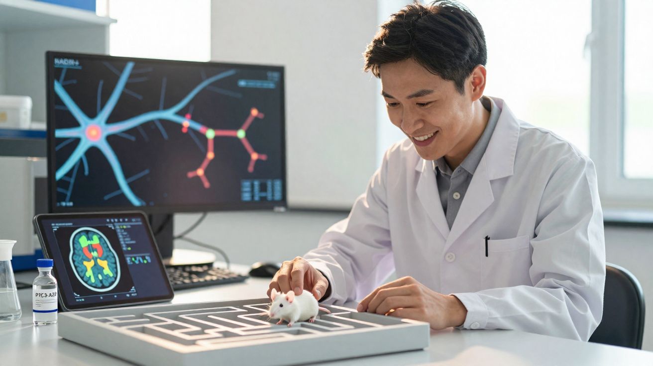 Pesquisador em jaleco branco conduz experimento com rato branco em labirinto, com imagens de cérebro em telas ao fundo.