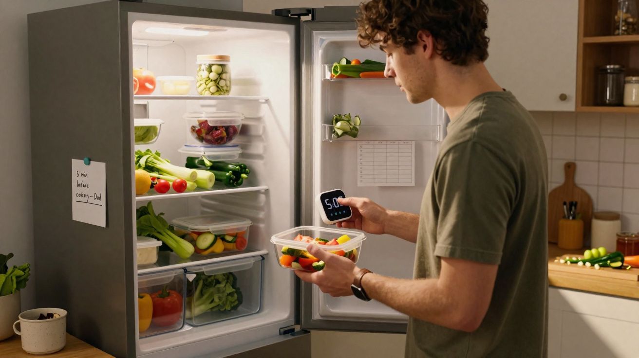 Homem com camiseta verde segura pote com salada ao lado da geladeira aberta cheia de legumes e verduras.