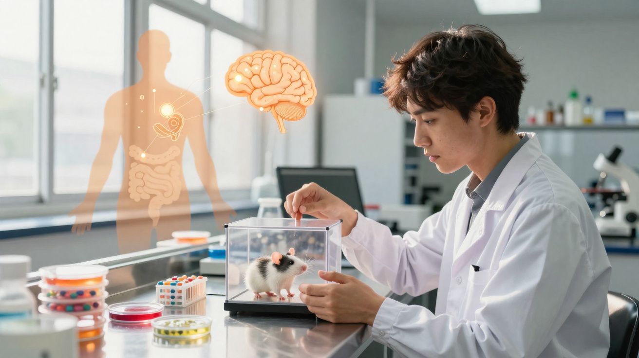 Pesquisador em laboratório alimenta rato dentro de caixa transparente com holograma do cérebro humano ao fundo.