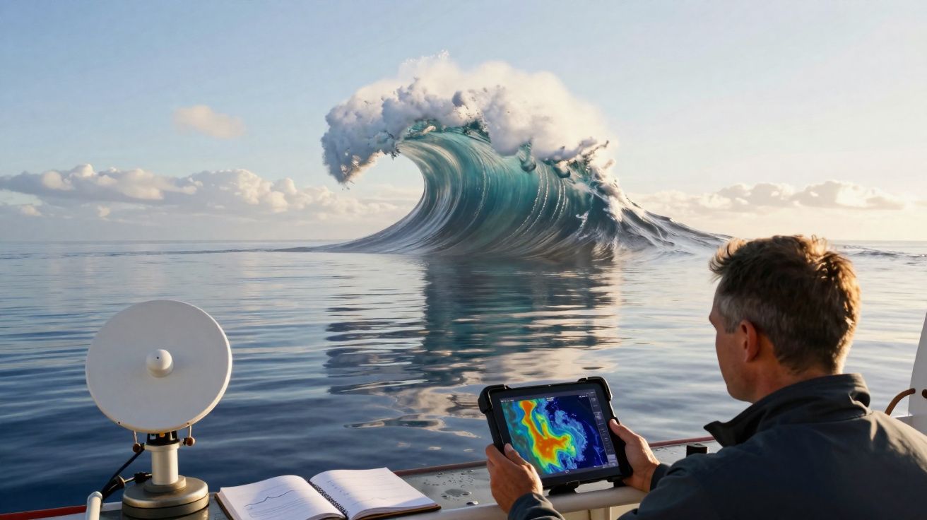 Homem em barco observa no tablet um mapa do mar enquanto uma grande onda forma-se ao fundo no oceano calmo.