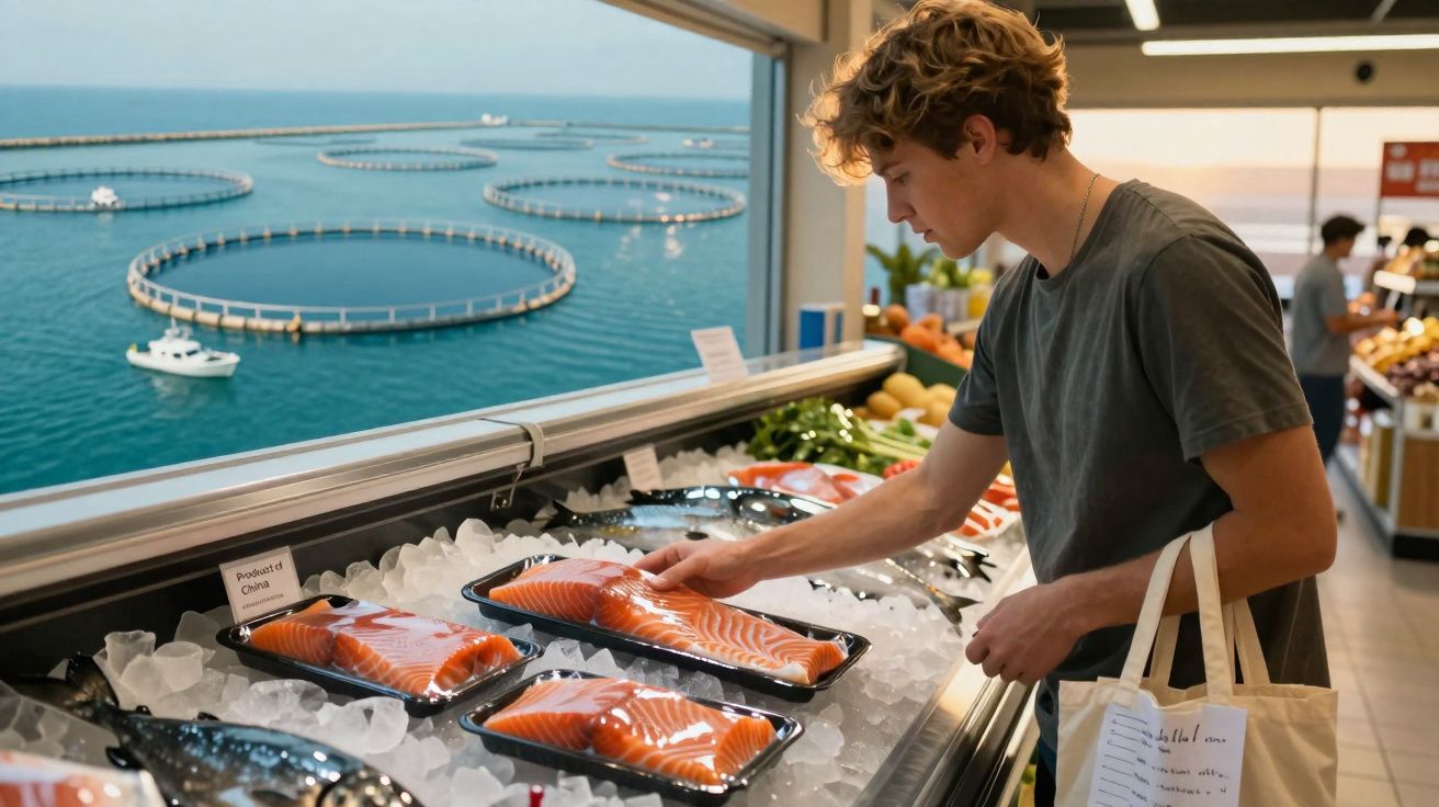 Homem escolhe salmão fresco em peixaria com tanques de piscicultura ao fundo no mar.