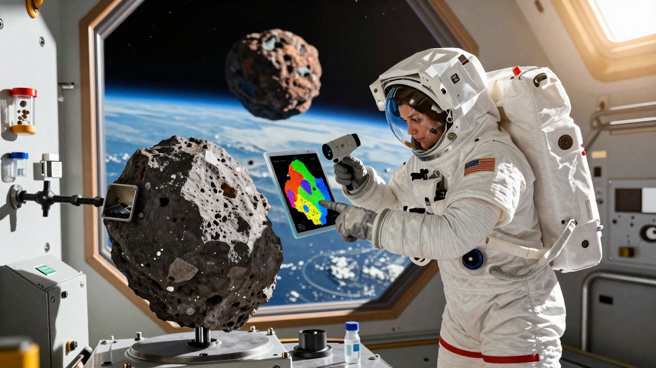 Astronauta dentro de nave espacial examinando um asteroide com tablet digital e scanner 3D.