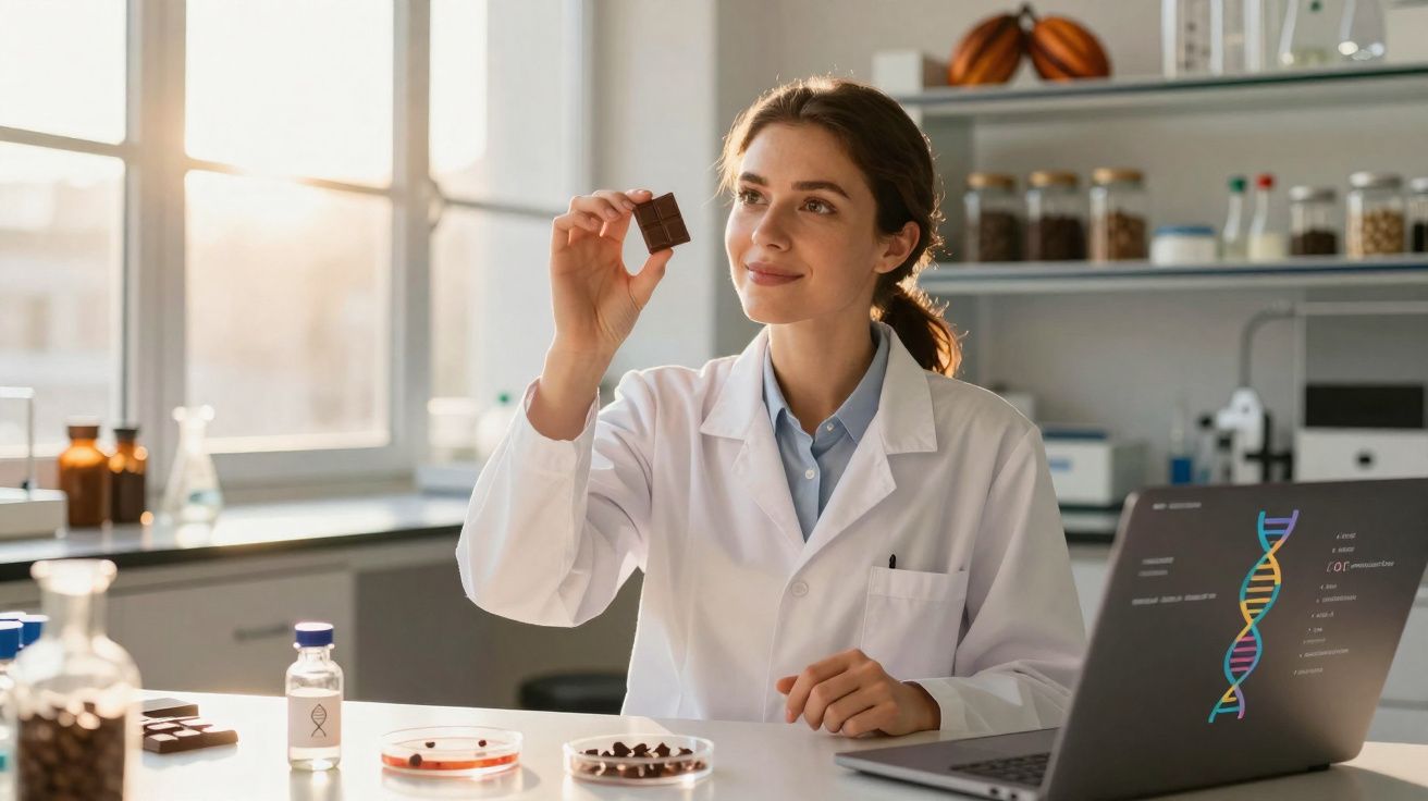 Cientista feminina em laboratório segurando pedaço de chocolate, com laptop e vidrarias ao redor.