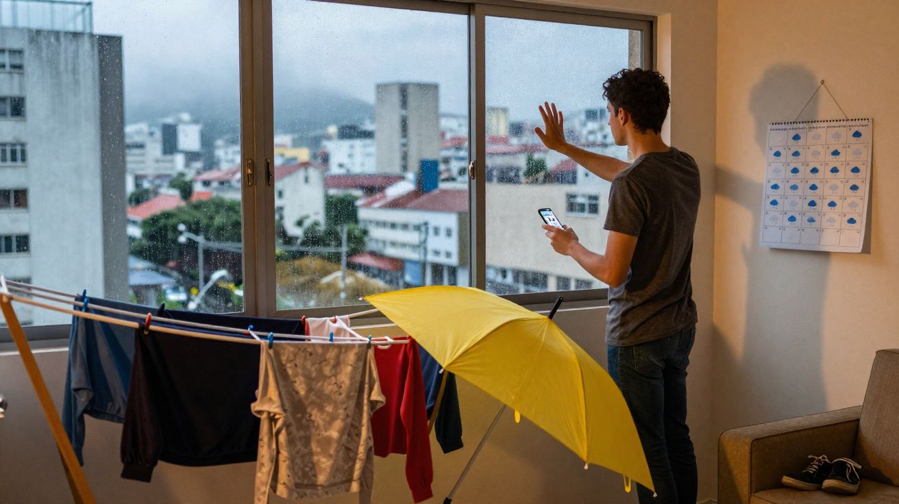 Homem dentro de casa olhando pela janela enquanto segura um celular e roupas secam em varal interno.