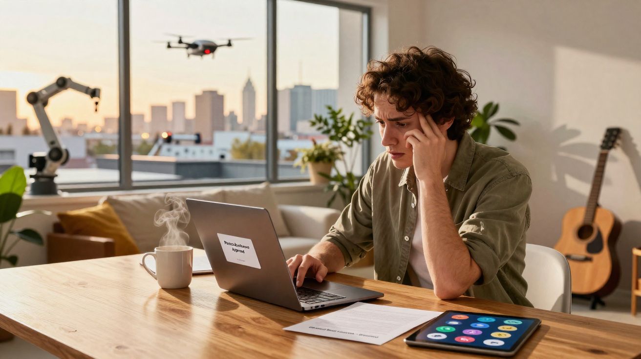 Homem concentrado trabalhando em laptop em mesa com xícara de café, tablet e drone voando próximo a janela.