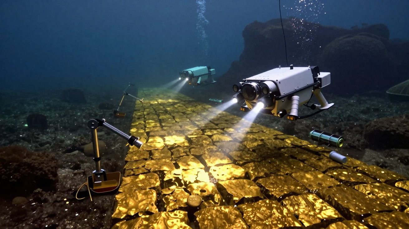 Veículos robóticos subaquáticos explorando ruínas antigas iluminadas por holofotes no fundo do mar.