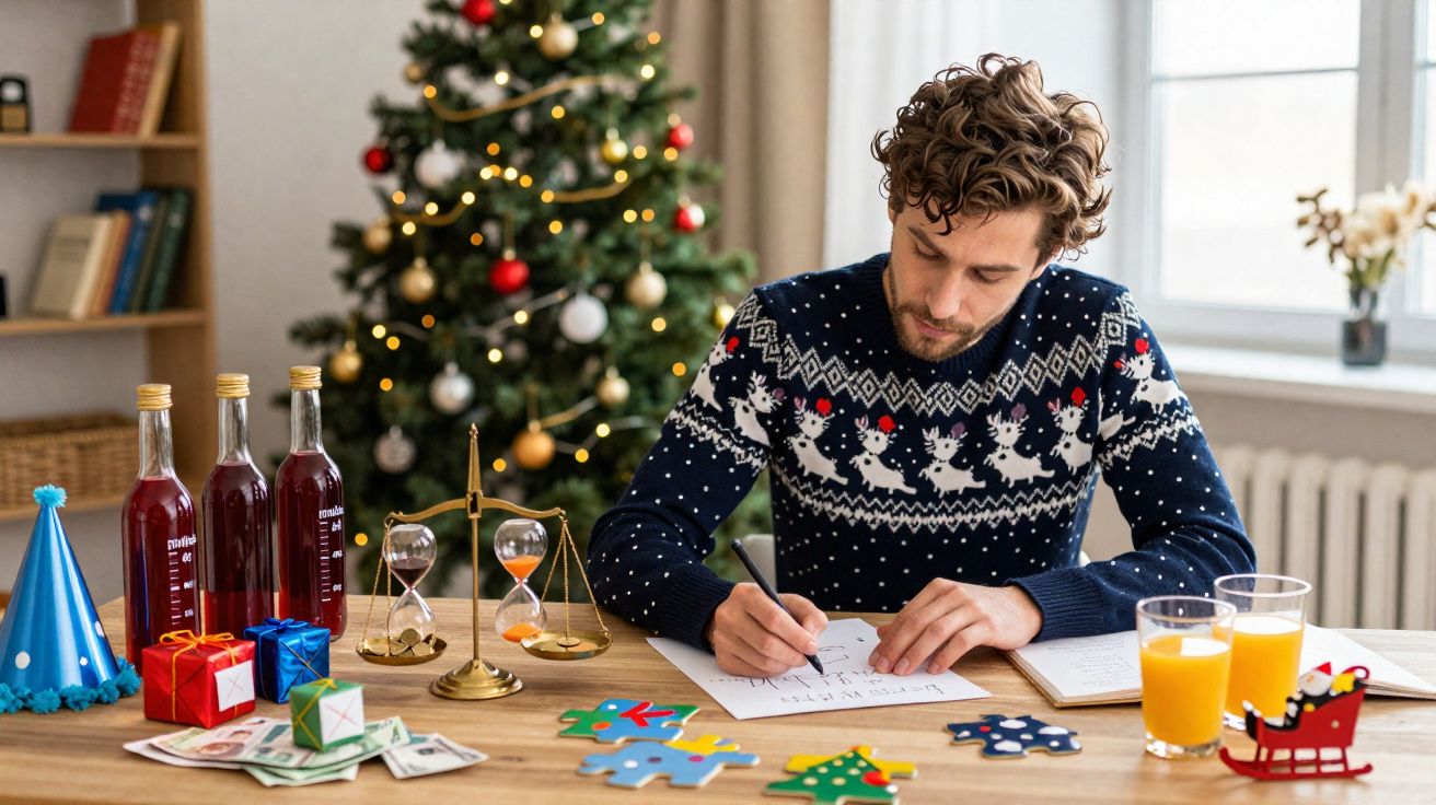 Homem com suéter natalino escrevendo à mesa decorada com enfeites e árvore de Natal ao fundo.