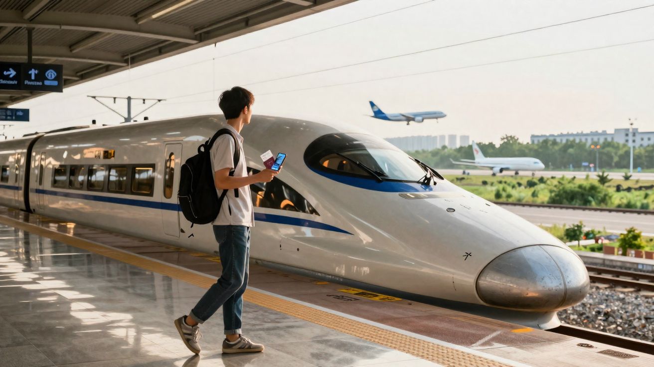 Jovem com mochila e celular esperando o trem de alta velocidade na estação durante o dia.
