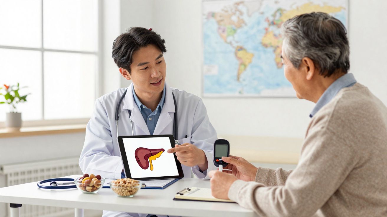 Médico consulta paciente idoso e explica sobre fígado usando tablet em consultório bem iluminado.