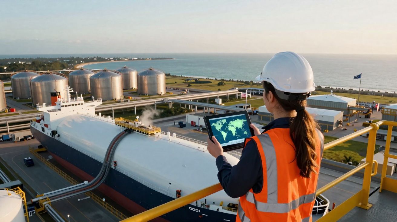 Mulher com capacete e colete laranja usando tablet em plataforma perto de navio tanque e tanques de armazenamento.