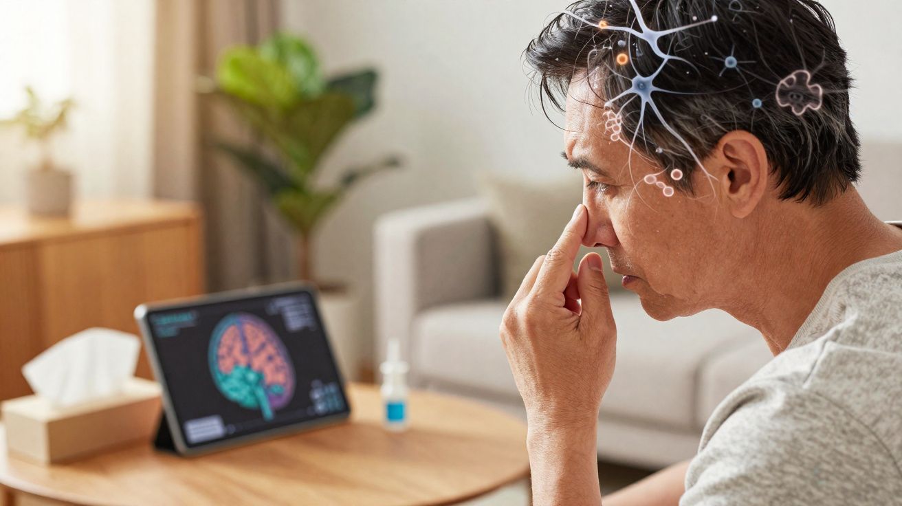 Homem concentrado com mão no rosto olhando para tablet com imagem do cérebro e conexões neuronais ao redor.