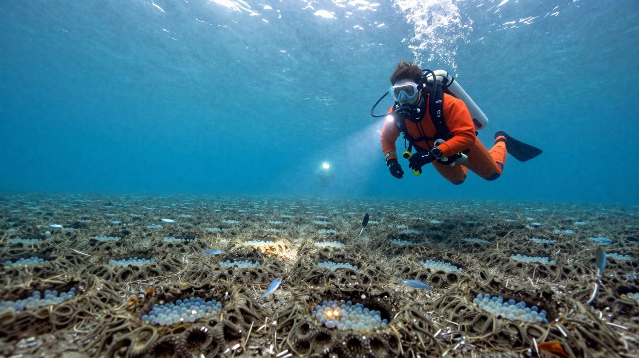 Mergulhador com equipamento completo explora fundo marinho repleto de colônias de ouriços do mar.