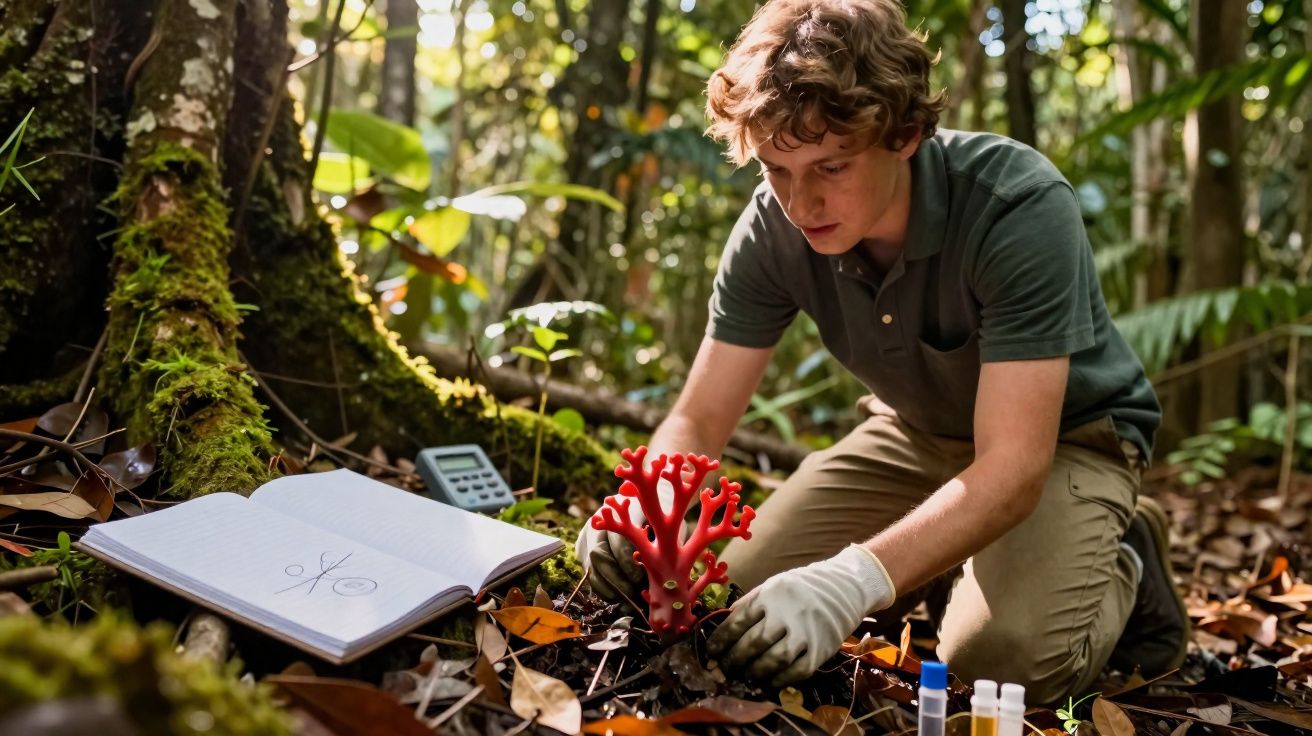 Jovem cientista coleta amostra de planta vermelha em floresta para pesquisa científica.