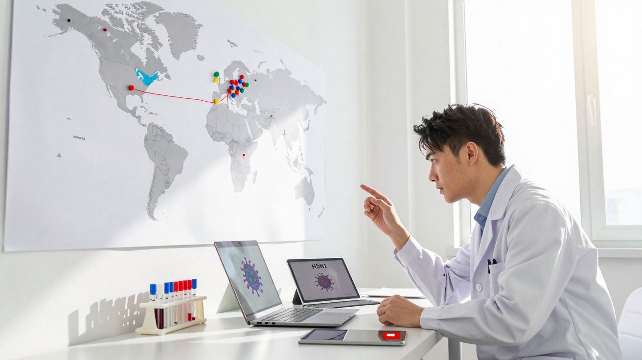 Homem de jaleco branco analisando mapa mundial com laptop exibindo vírus em ambiente iluminado.