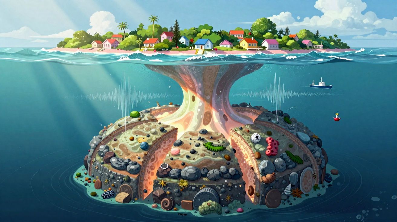 Ilustração de ilha com vila colorida, mostrando raízes subterrâneas detalhadas no fundo do mar.