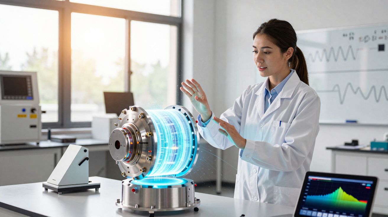 Mulher cientista mexendo em equipamento tecnológico com holograma azul em laboratório moderno.