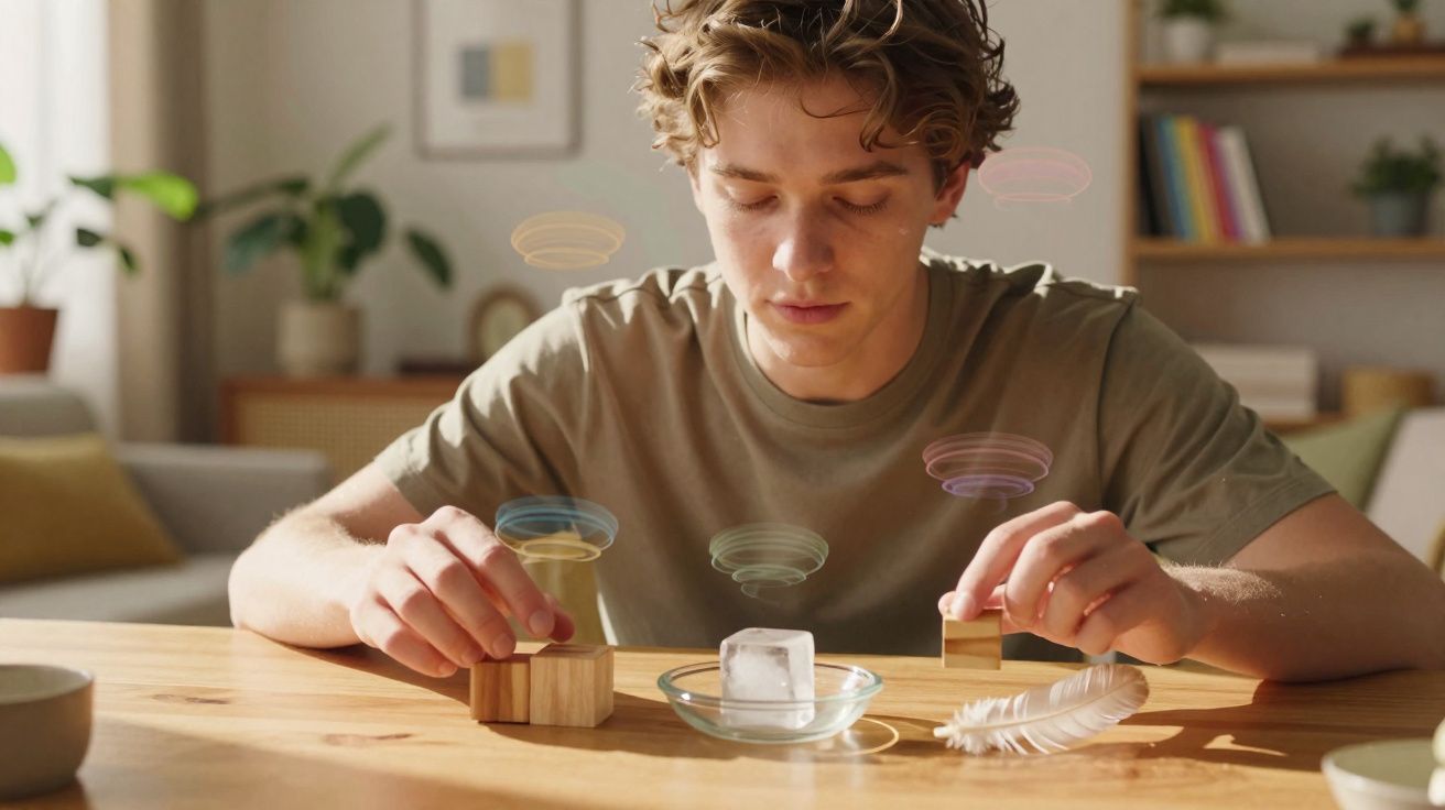 Jovem sentado à mesa brincando com cubos de madeira, gelo e pena, em ambiente iluminado e aconchegante.