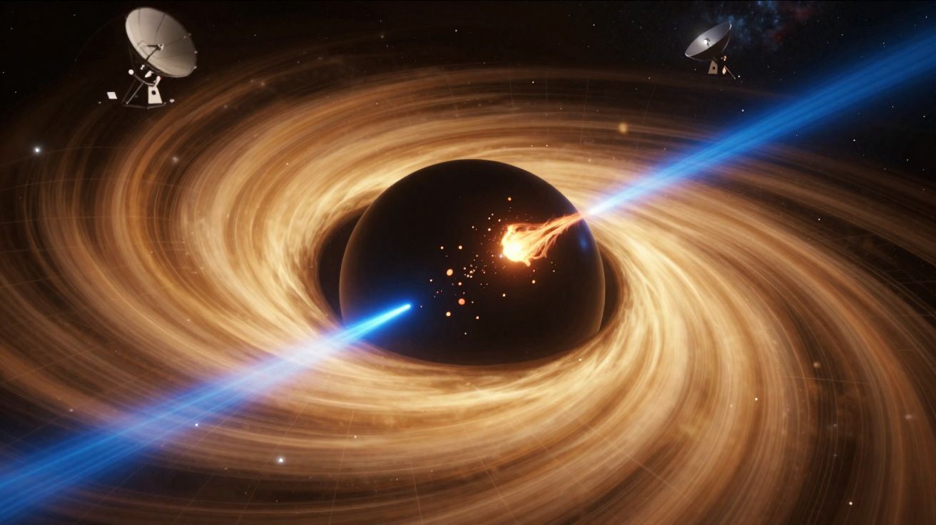 Buraco negro com disco de acreção brilhante e jatos de energia, observatório espacial ao fundo.