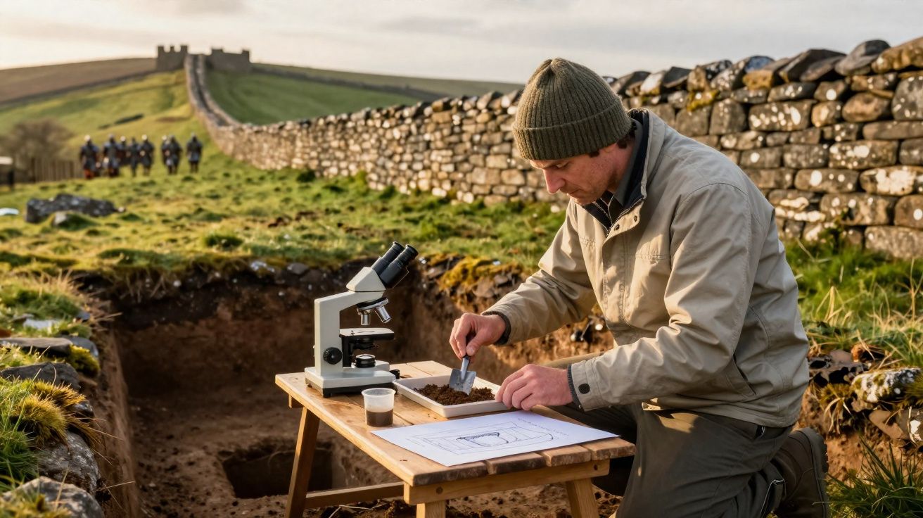 Arqueólogo analisando amostra de solo em sítio arqueológico ao ar livre com microscópio e croquis na mesa.