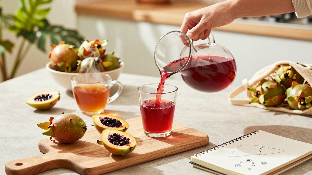 Mão servindo suco vermelho em copo, com maracujá-do-mato cortado em tábua e caderno de desenho na mesa.