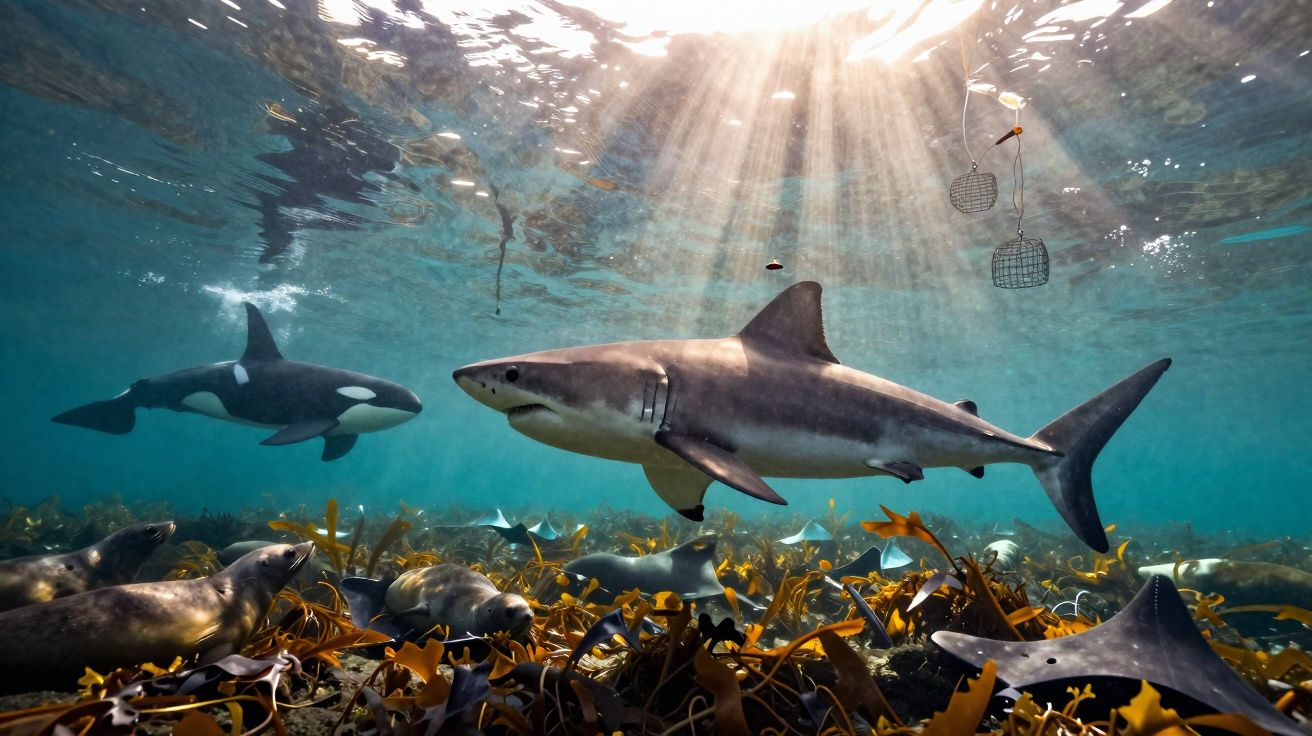 Tubarão nadando perto do fundo do mar com várias focas, uma orca e raios de sol atravessando a água.
