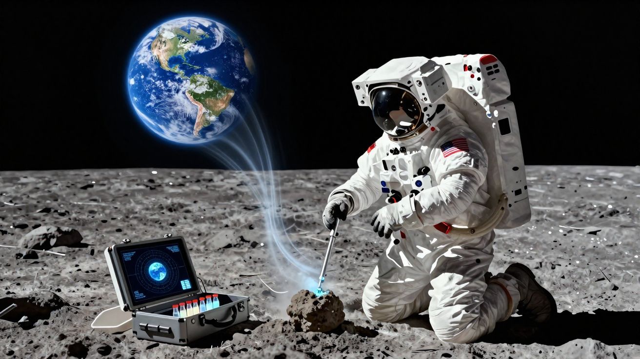 Astronauta coleta amostra lunar com a Terra visível ao fundo no espaço.