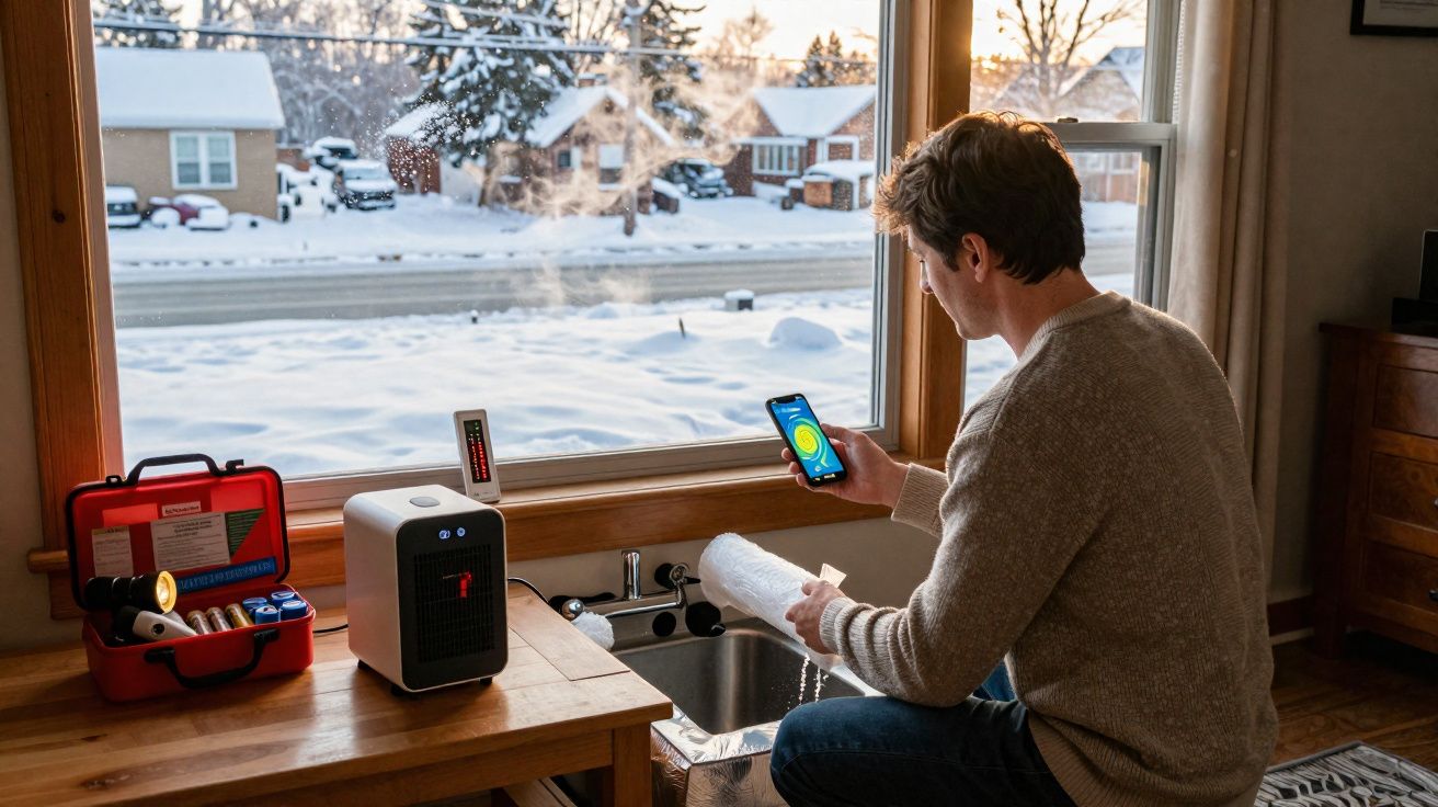 Homem verifica temperatura no celular enquanto aquece água em ambiente com neve do lado de fora.