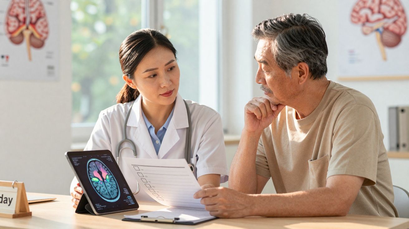 Médica mostrando exame cerebral em tablet para paciente idoso em consulta médica.