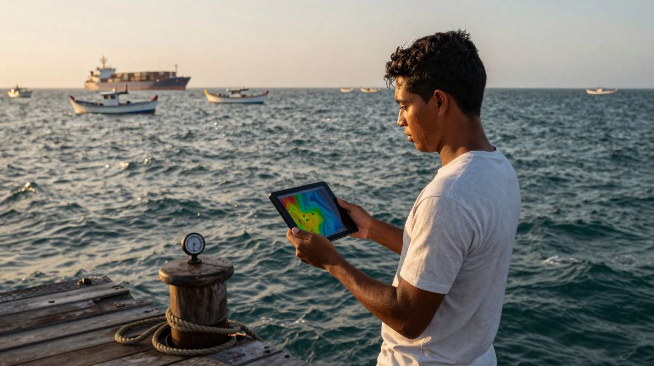 Homem em pier olhando para tablet com mapa colorido, ao fundo mar com barcos e navio.