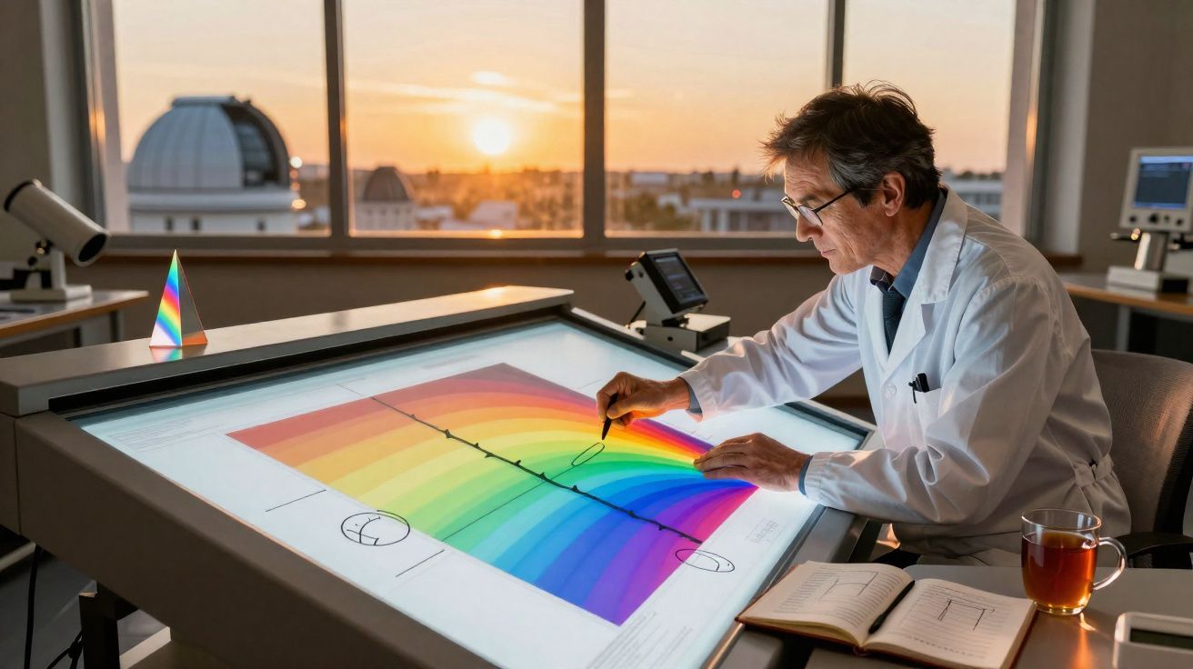 Cientista analisando gráfico colorido em mesa digital na sala com pôr do sol ao fundo.