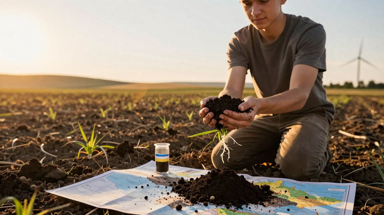 Jovem analisa solo com planta e terra sobre mapa em campo aberto durante pôr do sol.