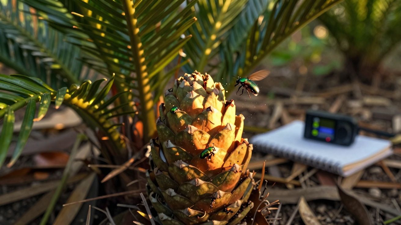 Insetos verdes pousados em um pinhão ao chão, com plantas e caderno desfocados ao fundo.