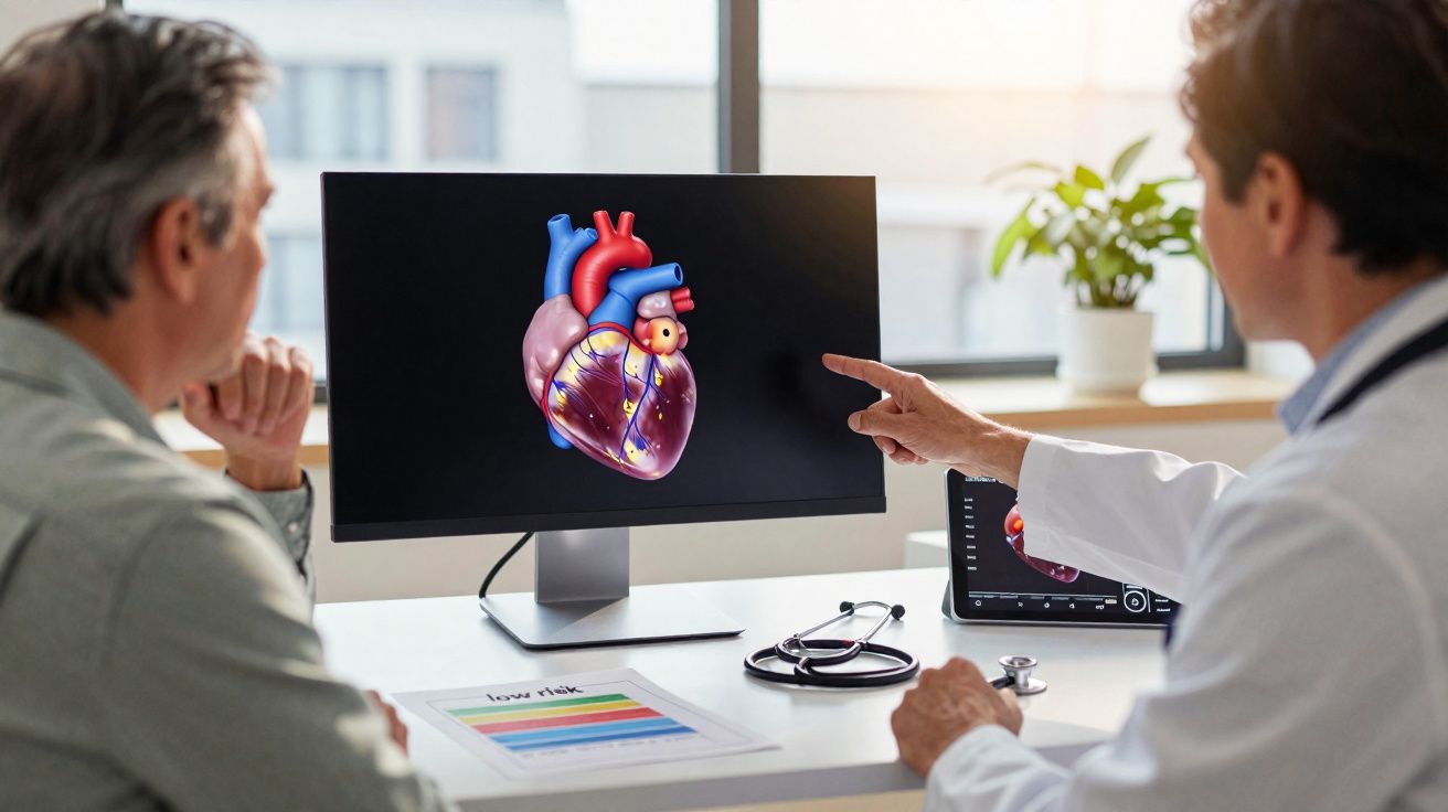 Médico explicando diagnóstico cardíaco para paciente usando imagem digital do coração em monitor.